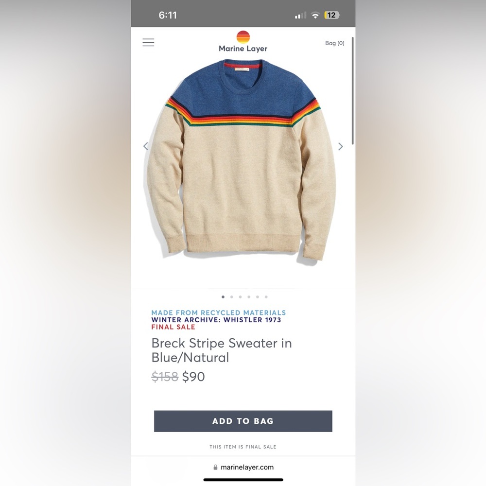 Mens Size L Marine Layer Multi Color Striped sweater. BRAND NEW NEVER WORN